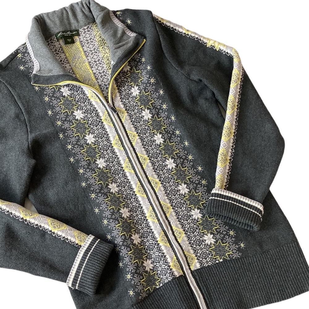 Eddie Bauer Charcoal Gray Zip Front Fair Isle Cardigan with Yellow Accents